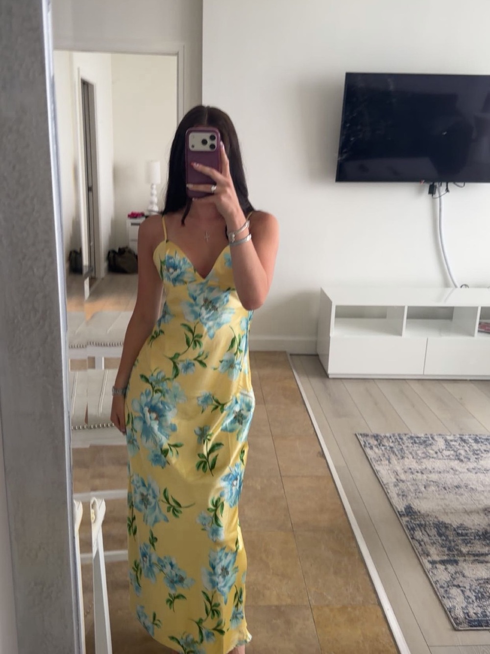 Yellow Floral Slip Dress with Blue Bloom Print